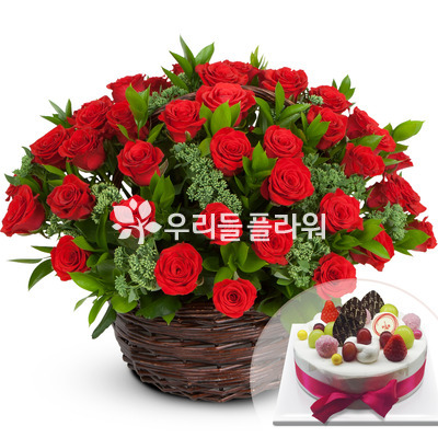 장미(50송이)꽃바구니+케익